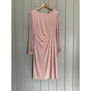 NWOT Marina Pink Beaded Long Sleeve Sheath Dress 4 Ruched Sides Stretch NEW